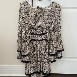 Free people Cream and Black Floral Tiered Boho Dress